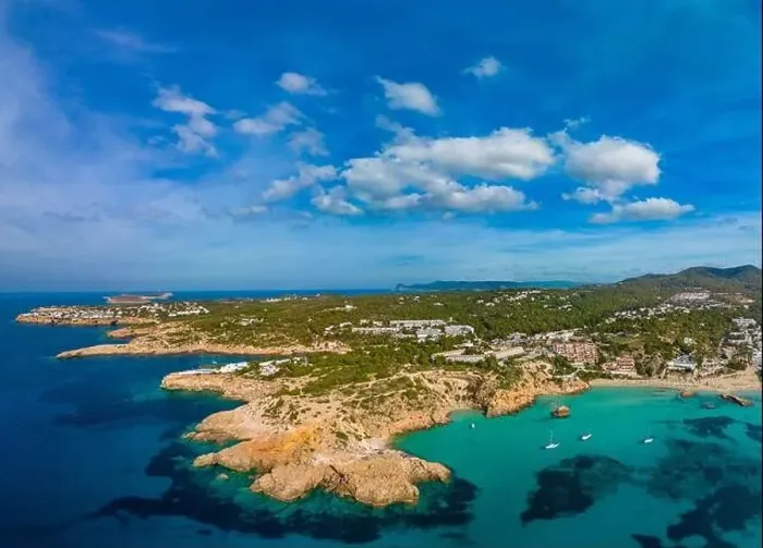 Framed Print : Aerial drone view of a beautiful coast and sea in Cala Tarida, Ibiza island, Spain