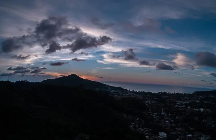 Framed Print : Aerial drone view of beautiful sunset on the island with sea in the background Framed Print : Aerial drone view of beautiful sunset on the island with sea in the background