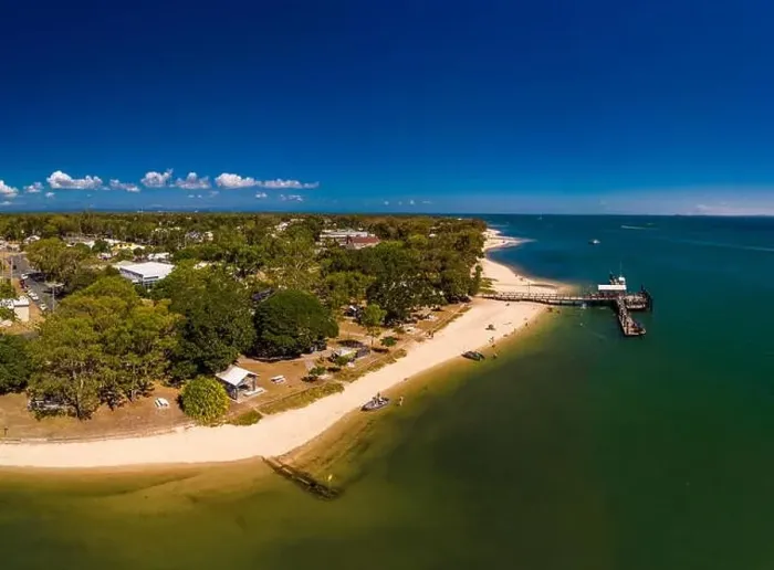 Framed Print : Aerial drone view of Bongaree Jetty on Bribie Island, Sunshine Coast, Queensland, Australia Framed Print : Aerial drone view of Bongaree Jetty on Bribie Island, Sunshine Coast, Queensland, Australia