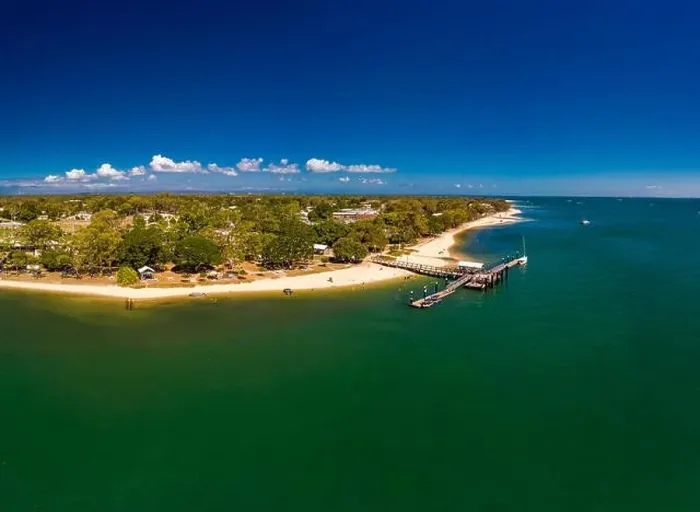 Framed Print : Aerial drone view of Bongaree Jetty on Bribie Island, Sunshine Coast, Queensland, Australia Framed Print : Aerial drone view of Bongaree Jetty on Bribie Island, Sunshine Coast, Queensland, Australia