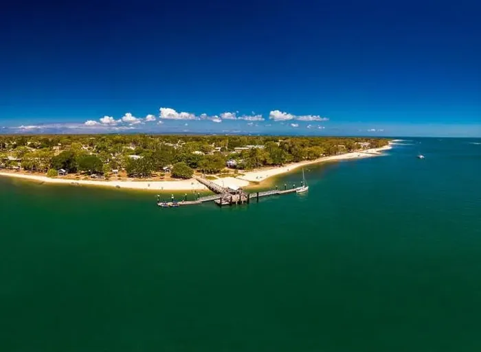Framed Print : Aerial drone view of Bongaree Jetty on Bribie Island, Sunshine Coast, Queensland, Australia Framed Print : Aerial drone view of Bongaree Jetty on Bribie Island, Sunshine Coast, Queensland, Australia