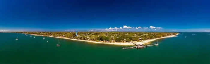 Framed Print : Aerial drone view of Bongaree Jetty on Bribie Island, Sunshine Coast, Queensland, Australia Framed Print : Aerial drone view of Bongaree Jetty on Bribie Island, Sunshine Coast, Queensland, Australia