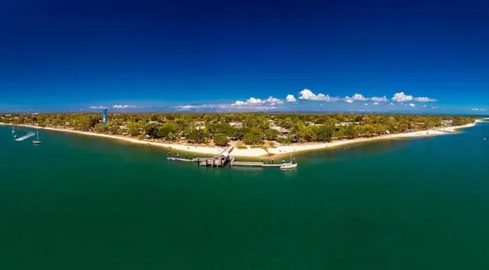 Framed Print : Aerial drone view of Bongaree Jetty on Bribie Island, Sunshine Coast, Queensland, Australia Framed Print : Aerial drone view of Bongaree Jetty on Bribie Island, Sunshine Coast, Queensland, Australia