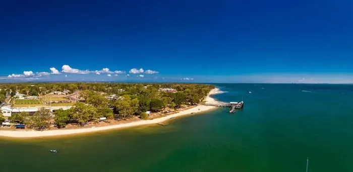 Framed Print : Aerial drone view of Bongaree Jetty on Bribie Island, Sunshine Coast, Queensland, Australia Framed Print : Aerial drone view of Bongaree Jetty on Bribie Island, Sunshine Coast, Queensland, Australia