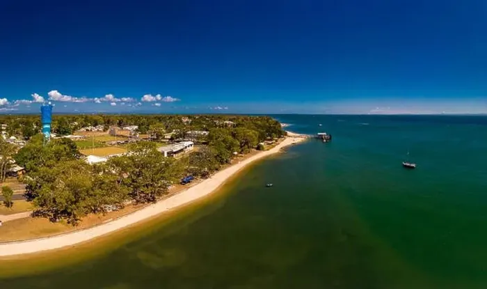 Framed Print : Aerial drone view of Bongaree Jetty on Bribie Island, Sunshine Coast, Queensland, Australia Framed Print : Aerial drone view of Bongaree Jetty on Bribie Island, Sunshine Coast, Queensland, Australia