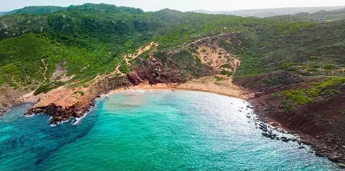 Framed Print : Aerial drone view of Cala del Pilar beach scenery on north cost of Menorca, near Ferreries Framed Print : Aerial drone view of Cala del Pilar beach scenery on north cost of Menorca, near Ferreries