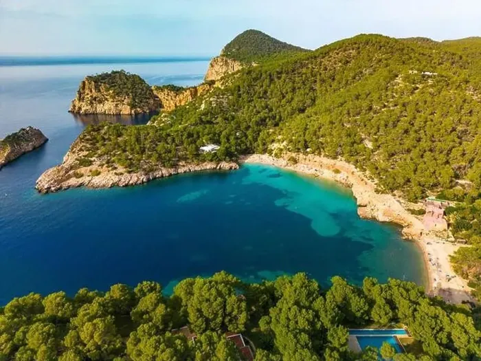 Framed Print : Aerial drone view of Cala Saladeta, Ibiza islands, Spain Framed Print : Aerial drone view of Cala Saladeta, Ibiza islands, Spain