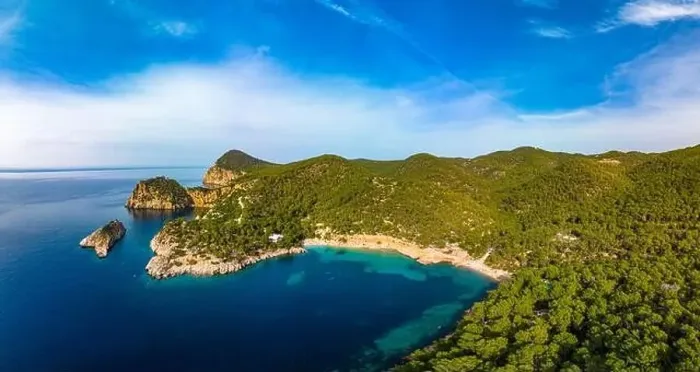 Framed Print : Aerial drone view of Cala Saladeta, Ibiza islands, Spain Framed Print : Aerial drone view of Cala Saladeta, Ibiza islands, Spain