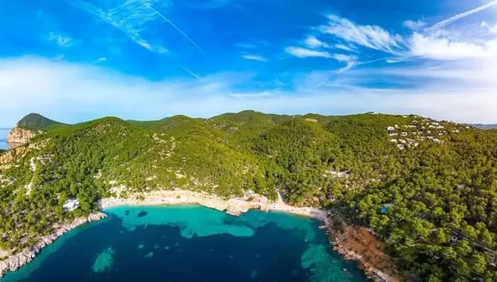 Framed Print : Aerial drone view of Cala Saladeta, Ibiza islands, Spain Framed Print : Aerial drone view of Cala Saladeta, Ibiza islands, Spain