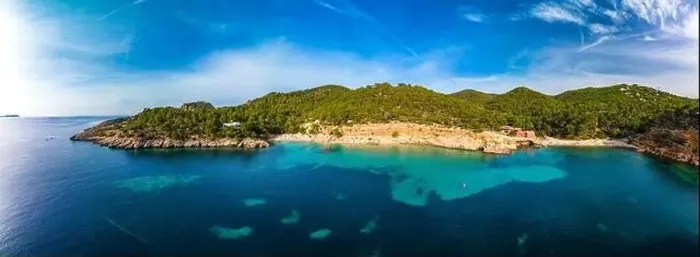 Framed Print : Aerial drone view of Cala Saladeta, Ibiza islands, Spain Framed Print : Aerial drone view of Cala Saladeta, Ibiza islands, Spain