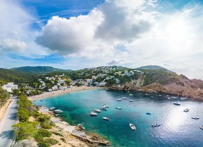 Framed Print : Aerial drone view of Cala Vadella, Ibiza islands, Spain