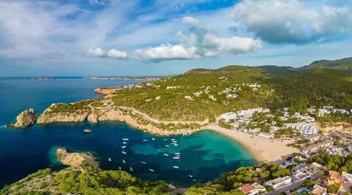 Framed Print : Aerial drone view of Cala Vadella, Ibiza islands, Spain