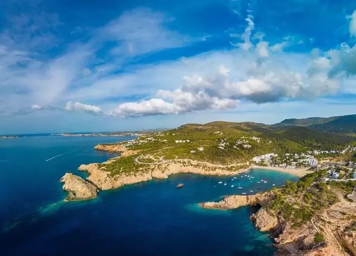 Framed Print : Aerial drone view of Cala Vadella, Ibiza islands, Spain