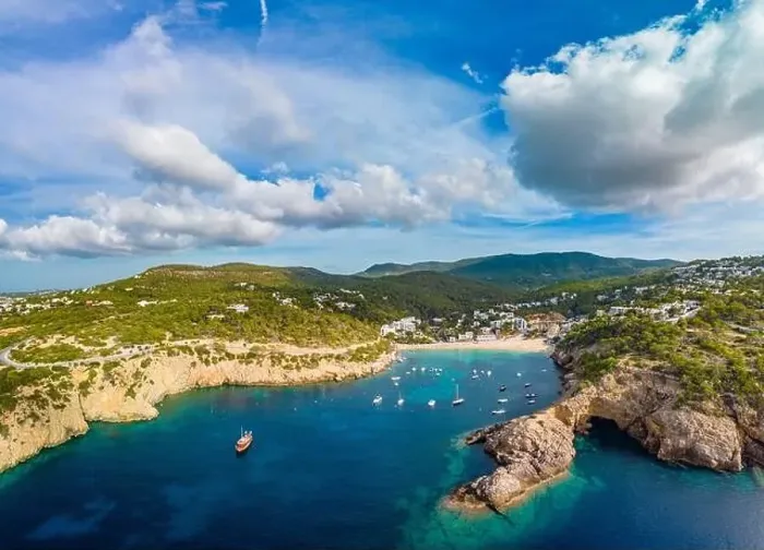Framed Print : Aerial drone view of Cala Vadella, Ibiza islands, Spain Framed Print : Aerial drone view of Cala Vadella, Ibiza islands, Spain