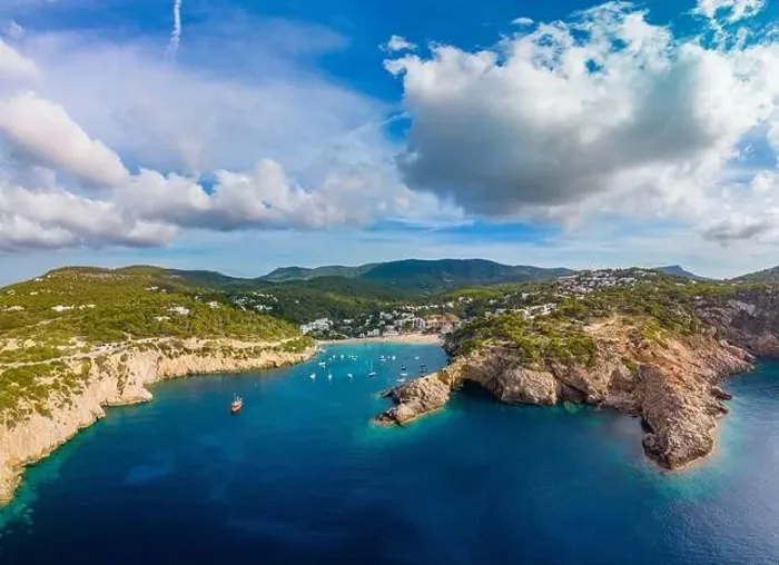 Framed Print : Aerial drone view of Cala Vadella, Ibiza islands, Spain Framed Print : Aerial drone view of Cala Vadella, Ibiza islands, Spain