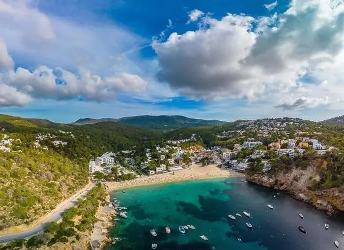 Framed Print : Aerial drone view of Cala Vadella, Ibiza islands, Spain Framed Print : Aerial drone view of Cala Vadella, Ibiza islands, Spain
