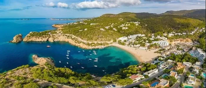 Framed Print : Aerial drone view of Cala Vadella, Ibiza islands, Spain Framed Print : Aerial drone view of Cala Vadella, Ibiza islands, Spain
