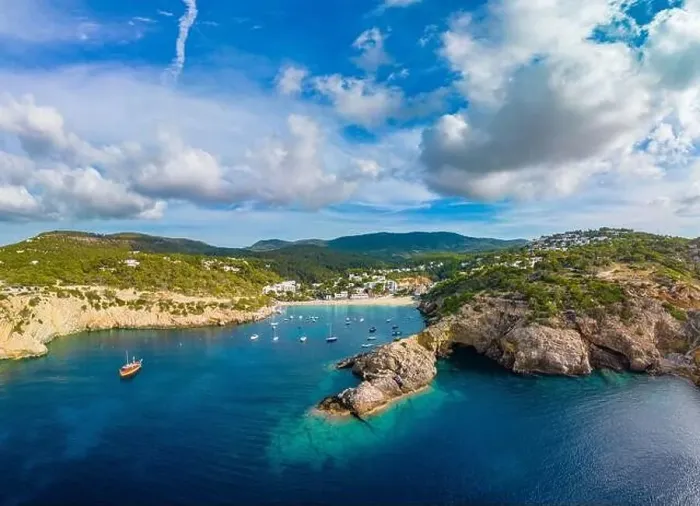 Framed Print : Aerial drone view of Cala Vadella, Ibiza islands, Spain Framed Print : Aerial drone view of Cala Vadella, Ibiza islands, Spain