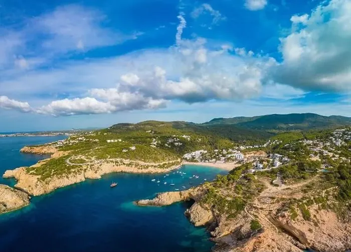 Framed Print : Aerial drone view of Cala Vadella, Ibiza islands, Spain Framed Print : Aerial drone view of Cala Vadella, Ibiza islands, Spain