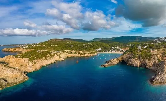 Framed Print : Aerial drone view of Cala Vadella, Ibiza islands, Spain Framed Print : Aerial drone view of Cala Vadella, Ibiza islands, Spain