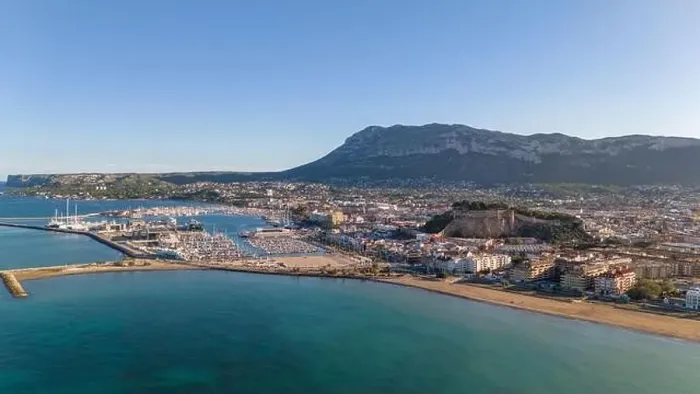 Framed Print : Aerial drone view of the coastal town named Denia Framed Print : Aerial drone view of the coastal town named Denia