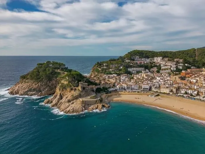 Framed Print : Aerial drone view of the coastal town named Tossa de Mar with a beach and castle Framed Print : Aerial drone view of the coastal town named Tossa de Mar with a beach and castle