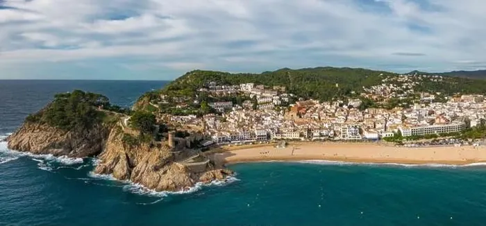 Framed Print : Aerial drone view of the coastal town named Tossa de Mar in the Costa Brava Spain