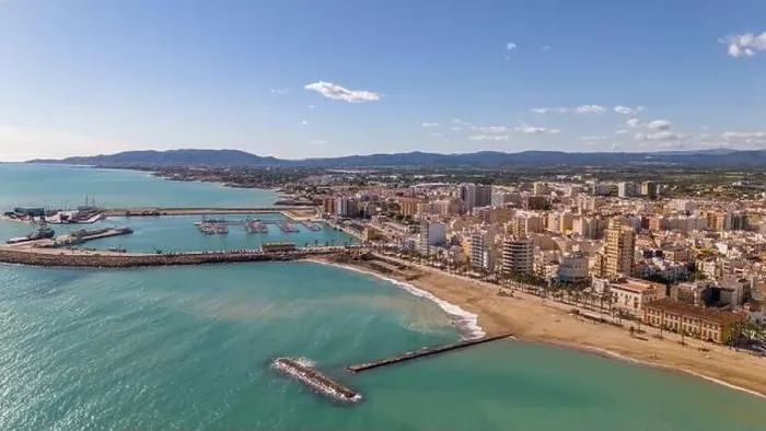 Framed Print : Aerial drone view on the coastal town of Vinaros in the province of Castellon