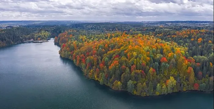 Framed Print : Aerial Drone view of colorful top of the forest and a lake at Autumn Framed Print : Aerial Drone view of colorful top of the forest and a lake at Autumn