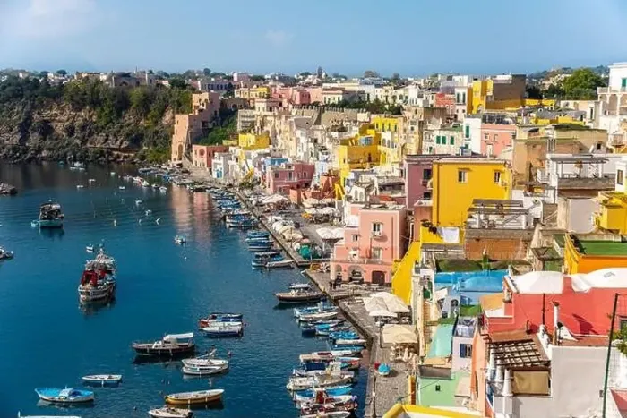 Framed Print : Aerial drone view of Corricella fisherman village in Procida island Naples Italy Framed Print : Aerial drone view of Corricella fisherman village in Procida island Naples Italy