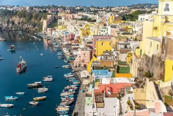Framed Print : Aerial drone view of Corricella fisherman village in Procida island Naples Italy Framed Print : Aerial drone view of Corricella fisherman village in Procida island Naples Italy