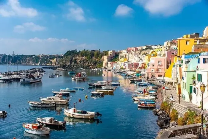 Framed Print : Aerial drone view of Corricella fisherman village in Procida island Naples Italy Framed Print : Aerial drone view of Corricella fisherman village in Procida island Naples Italy