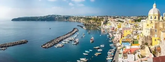 Framed Print : Aerial drone view of Corricella fisherman village in Procida island Naples Italy Framed Print : Aerial drone view of Corricella fisherman village in Procida island Naples Italy