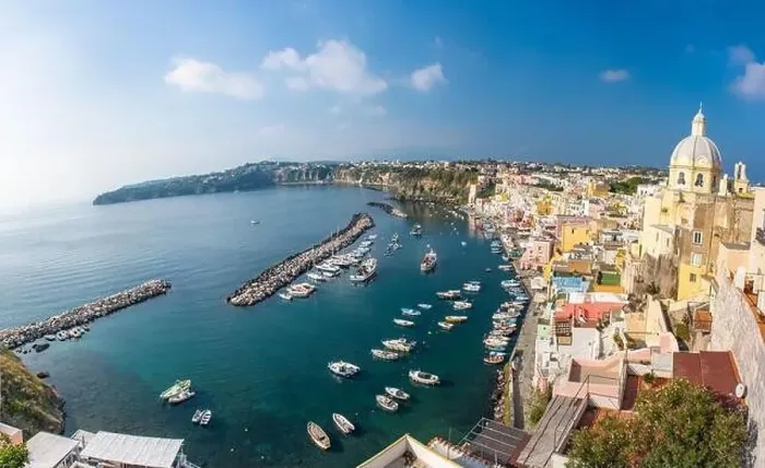 Framed Print : Aerial drone view of Corricella fisherman village in Procida island Naples Italy Framed Print : Aerial drone view of Corricella fisherman village in Procida island Naples Italy