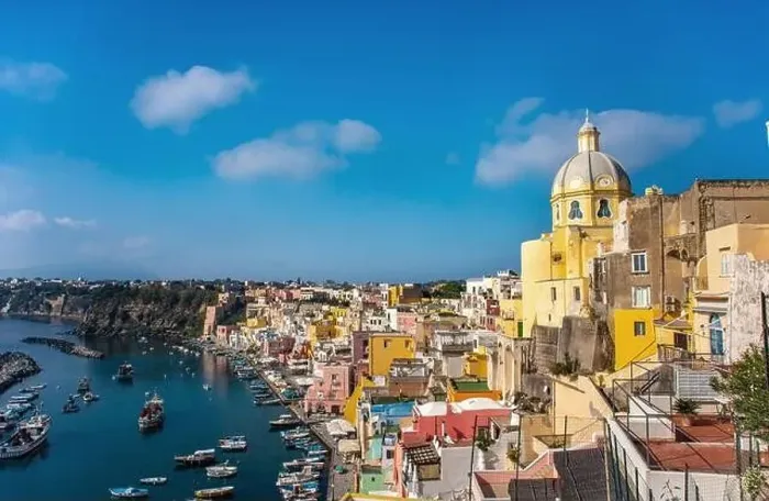 Framed Print : Aerial drone view of Corricella fisherman village in Procida island Naples Italy Framed Print : Aerial drone view of Corricella fisherman village in Procida island Naples Italy