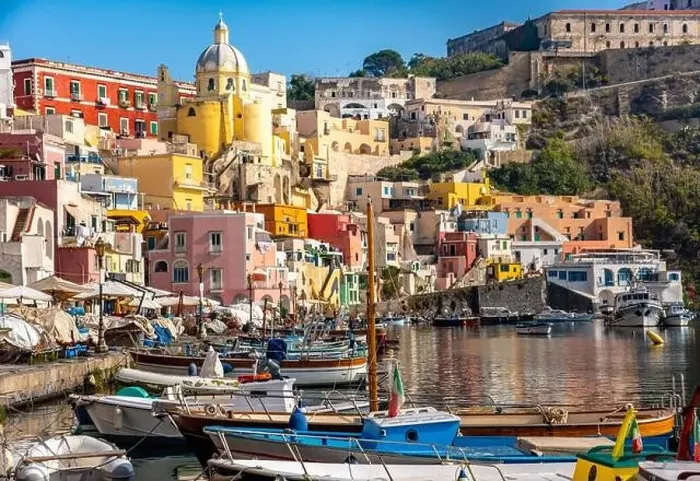 Framed Print : Aerial drone view of Corricella fisherman village in Procida island Naples Italy Framed Print : Aerial drone view of Corricella fisherman village in Procida island Naples Italy