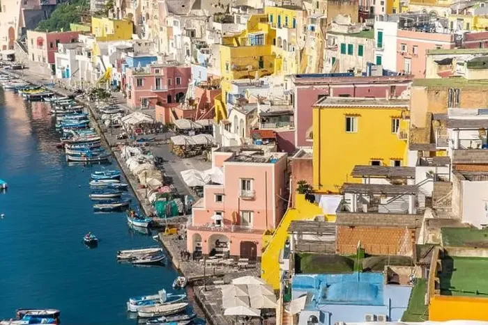 Framed Print : Aerial drone view of Corricella fisherman village in Procida island Naples Italy Framed Print : Aerial drone view of Corricella fisherman village in Procida island Naples Italy