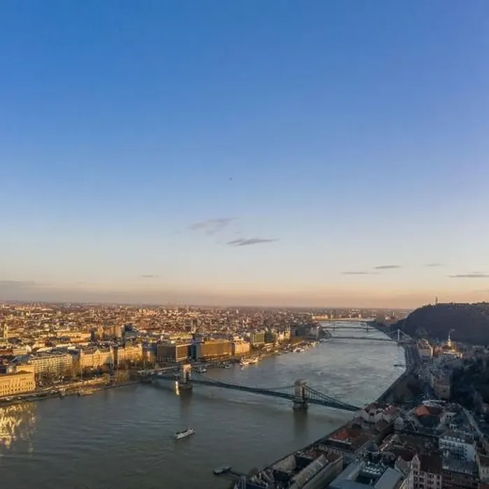 Framed Print : Aerial drone view of Danube river with bridges in Budapest during sunset hour Framed Print : Aerial drone view of Danube river with bridges in Budapest during sunset hour