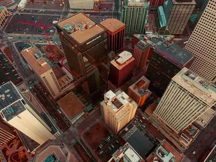 Framed Print : Aerial drone view of Denver, Colorado during sunset Framed Print : Aerial drone view of Denver, Colorado during sunset