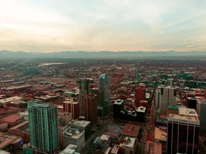 Framed Print : Aerial drone view of Denver, Colorado during sunset Framed Print : Aerial drone view of Denver, Colorado during sunset