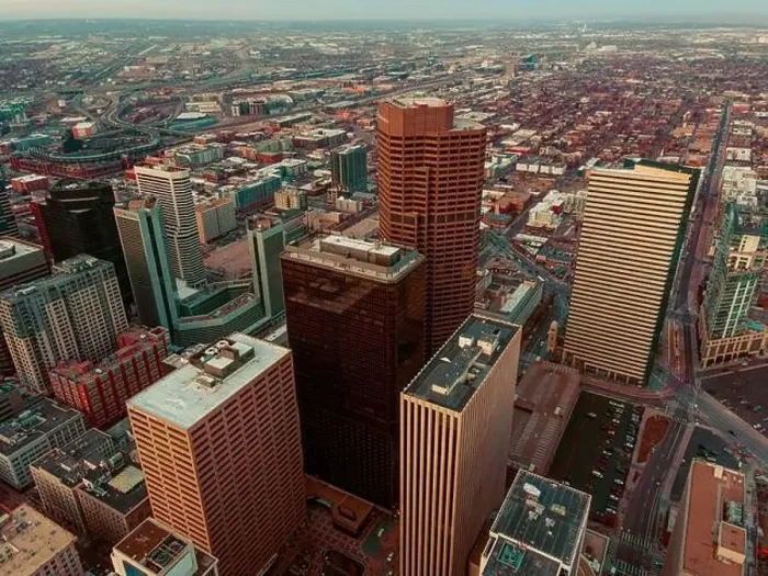 Framed Print : Aerial drone view of Denver, Colorado during sunset Framed Print : Aerial drone view of Denver, Colorado during sunset