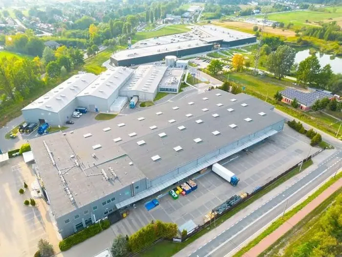 Framed Print : Aerial drone view on distribution center. Logistic and transport concept