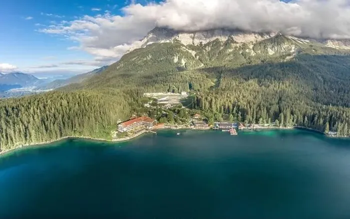 Framed Print : Aerial drone view of Eibsee Lake cable car station by Zugspitze in Germany Framed Print : Aerial drone view of Eibsee Lake cable car station by Zugspitze in Germany