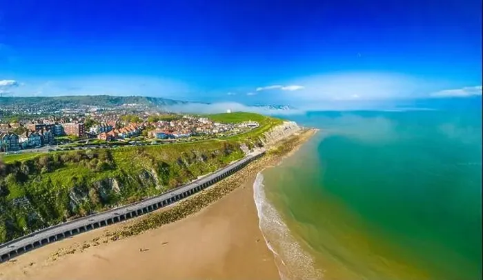 Framed Print : Aerial drone view of the english coast in Folkestone, Kent Framed Print : Aerial drone view of the english coast in Folkestone, Kent