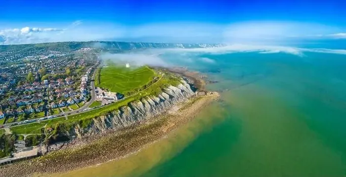 Framed Print : Aerial drone view of the english coast in Folkestone, Kent Framed Print : Aerial drone view of the english coast in Folkestone, Kent
