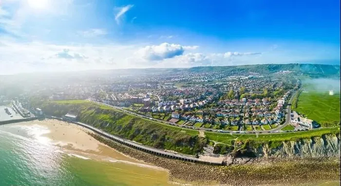 Framed Print : Aerial drone view of the english coast in Folkestone, Kent