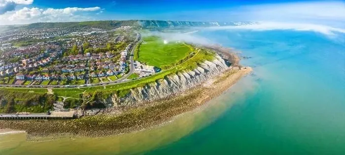 Framed Print : Aerial drone view of the english coast in Folkestone, Kent