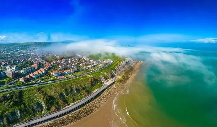 Framed Print : Aerial drone view of the english coast in Folkestone, Kent Framed Print : Aerial drone view of the english coast in Folkestone, Kent