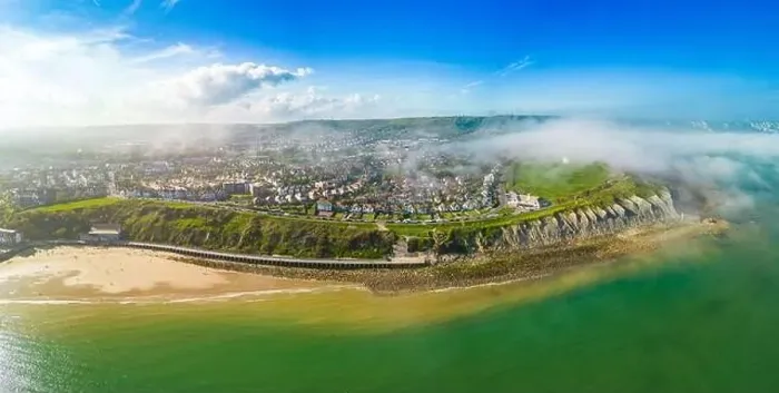 Framed Print : Aerial drone view of the english coast in Folkestone, Kent Framed Print : Aerial drone view of the english coast in Folkestone, Kent