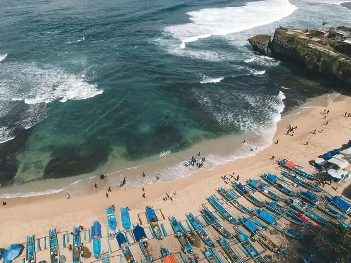 Framed Print : Aerial drone view of Fishermans boats at the beach in Yogyakarta Indonesia Framed Print : Aerial drone view of Fishermans boats at the beach in Yogyakarta Indonesia